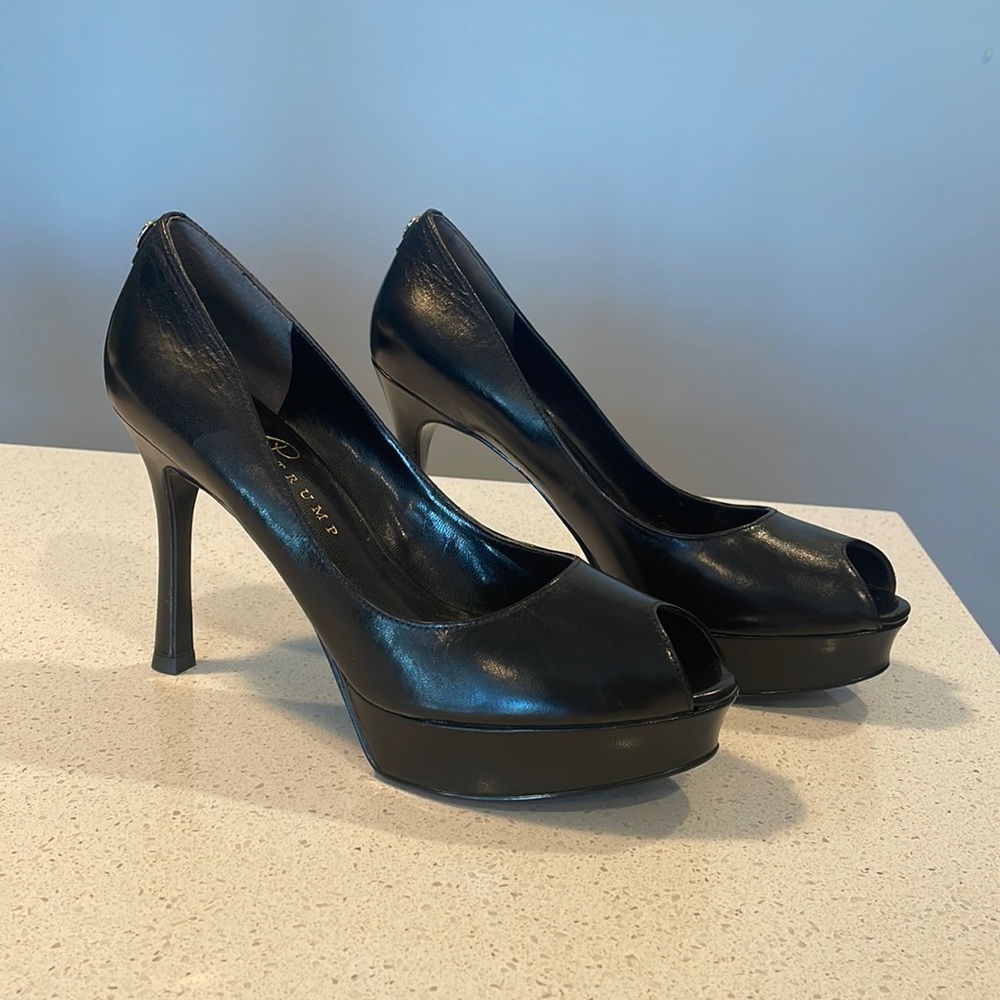 Black leather peep toe platform heel